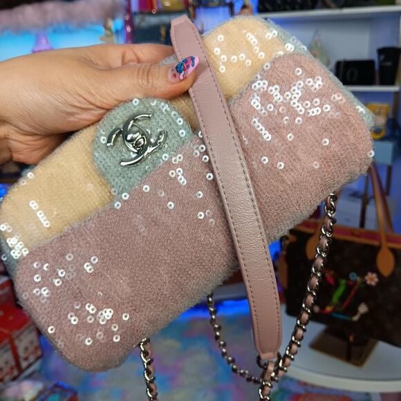 Chanel Waterfall Pastel Pink Multi Color Squin Flap Shoulder Crossbody Bag Full - Picture 15 of 16
